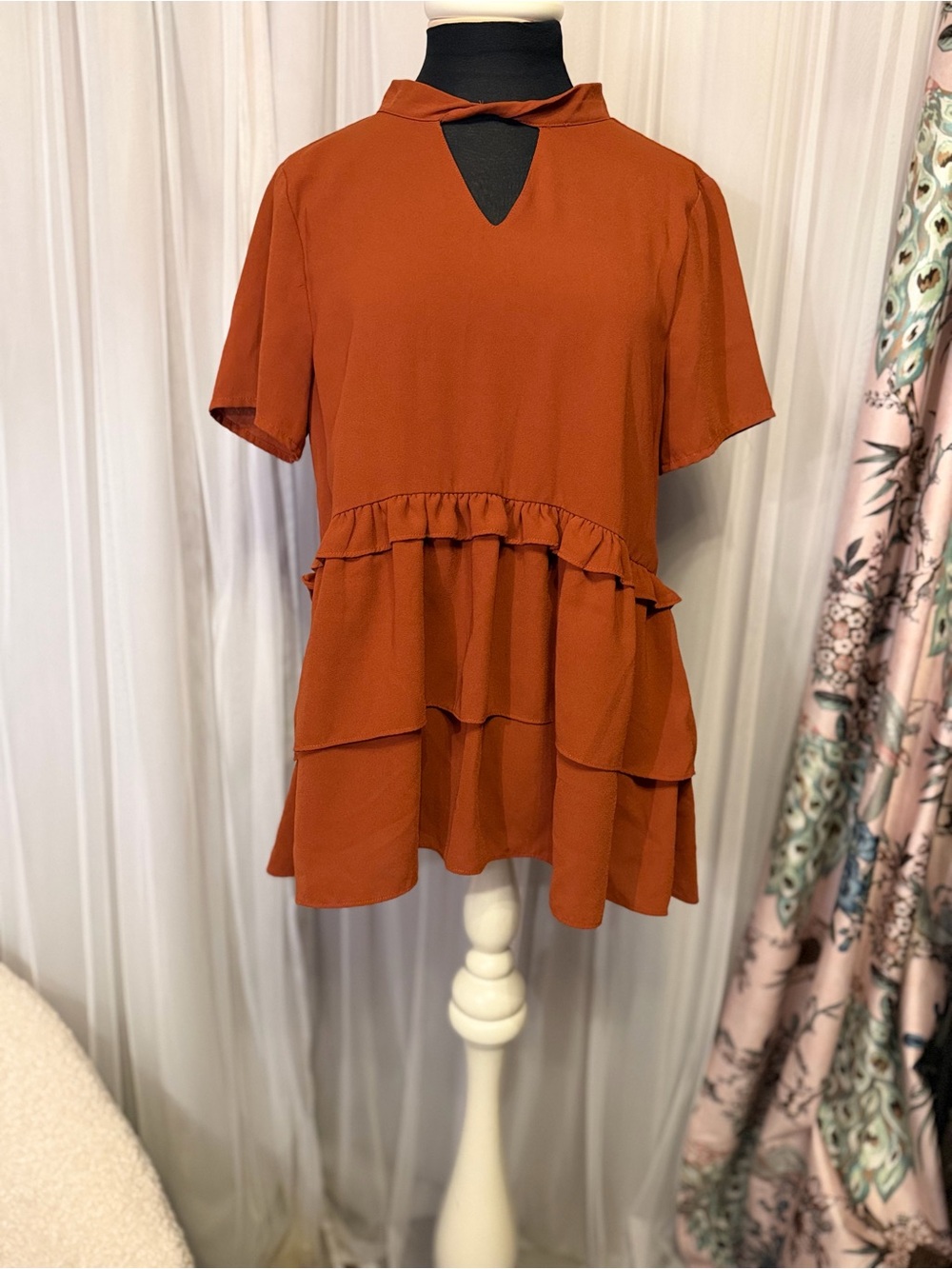🍂 Entro Rust Orange Tiered Ruffle Tunic Small Boho Fall 🍂